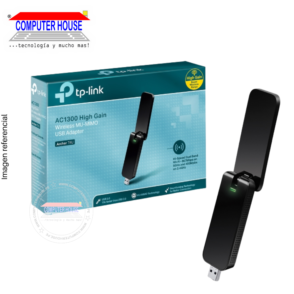 Adaptador WiFi TP-LINK Archer T4U, AC1300, MU-MIMO, Doble Banda 2.4GHz (hasta 400Mbps) y 5GHz (hasta 867Mbps), USB-A.
