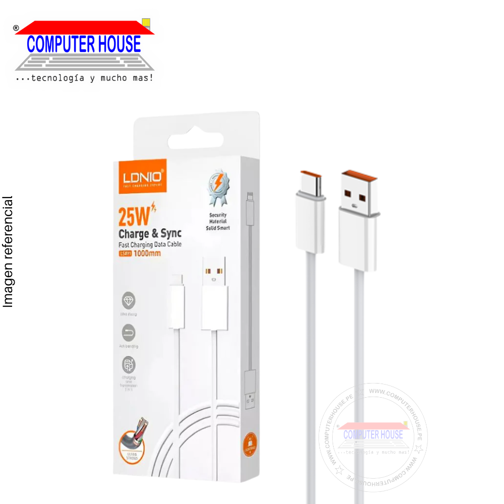 Cable LDNIO LS891 USB-A  a USB-C, Carga Rápida 25W, 1 metro, Blanco, USB 3.0.