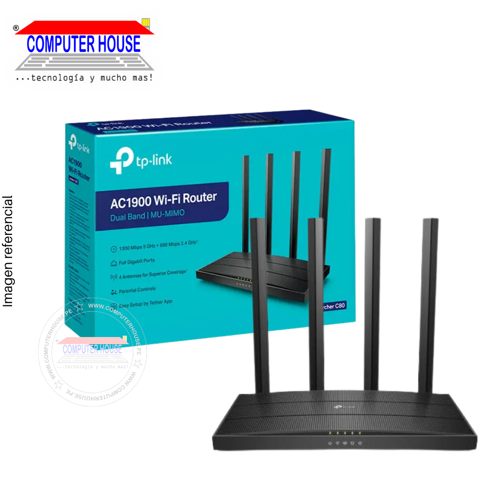TP-LINK Archer C80 Router, AC1900, MU-MIMO, Wi-Fi 5, Dual Band 2.4GHz (up to 600Mbps) and 5GHz (up to 1300Mbps).