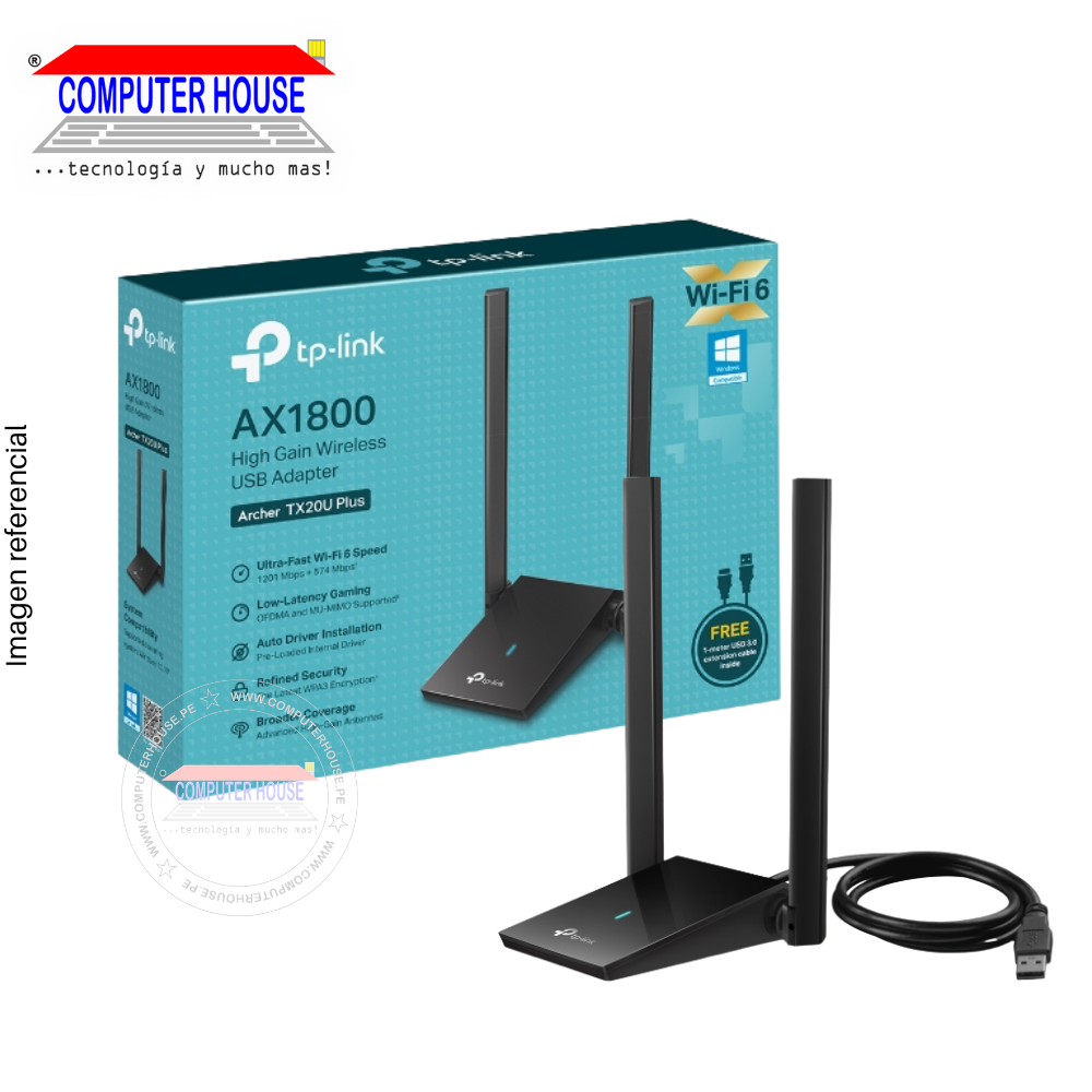 Adaptador WIFI TP-LINK Archer TX20U Plus, AX1800, OFDMA and MU-MIMO, Wi-Fi 6, Doble Banda 2.4GHz (hasta 574Mbps) y 5GHz (hasta 1201Mbps), USB-A.