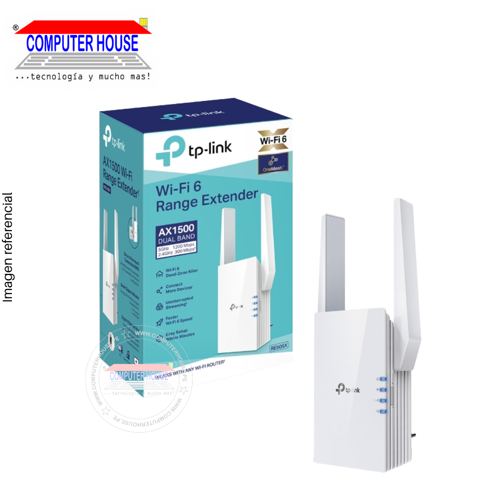 Access Point/Repetidor TP-LINK RE505X, AX1500, WiFi 6, Doble Banda 2.4GHz (hasta 300Mbps) y 5GHz (hasta 1200Mbps), Gigabit, OneMesh y Modo AP.