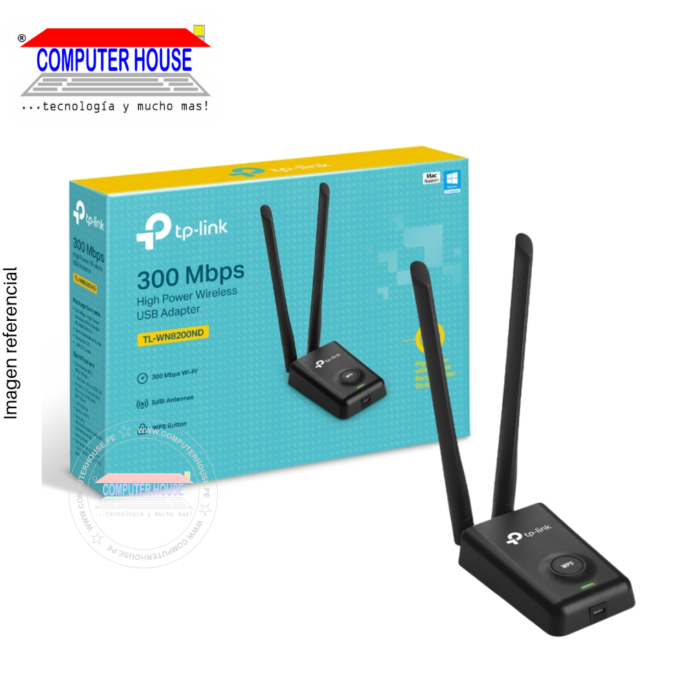 Adaptador WiFi TP-LINK TL-WN8200ND, Banda 2.4GHz (hasta 300Mbps), 2 Antenas + cable extensión 1.5m.