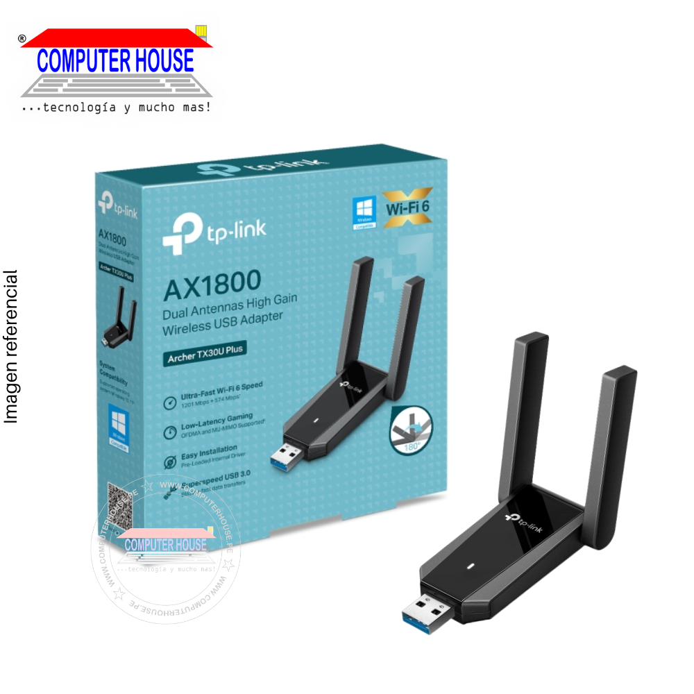 Adaptador WiFi TP-LINK Archer TX30U Plus, AX1800, OFDMA and MU-MIMO, Wi-Fi 6, Doble Banda 2.4GHz (hasta 574Mbps) y 5GHz (hasta 1201Mbps), USB-A.