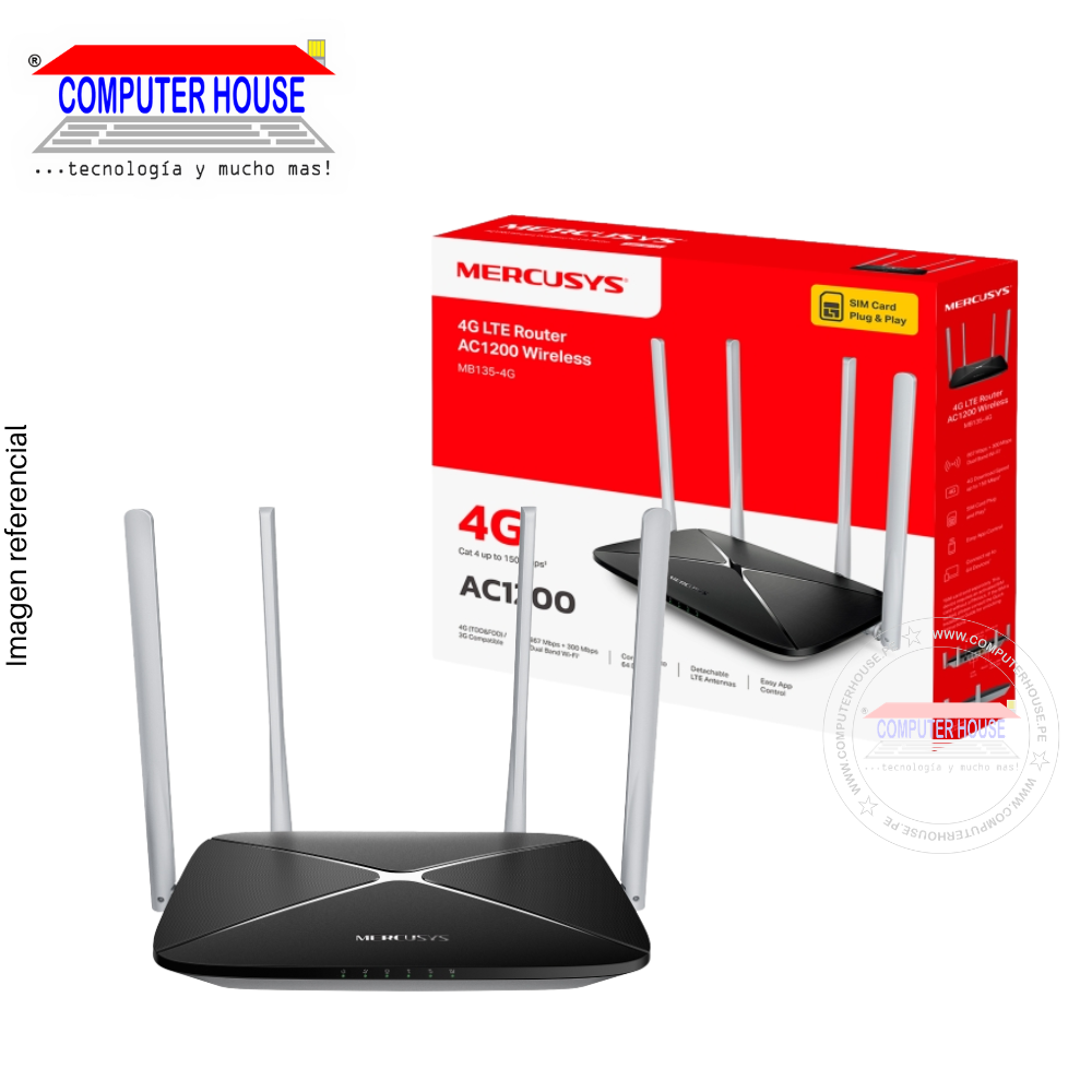Router inalámbrico MERCUSYS MB135-4G, 4G LTE, AC1200, Doble banda 2.4GHz (hasta 300Mbps) y 5GHz (hasta 867Mbps).