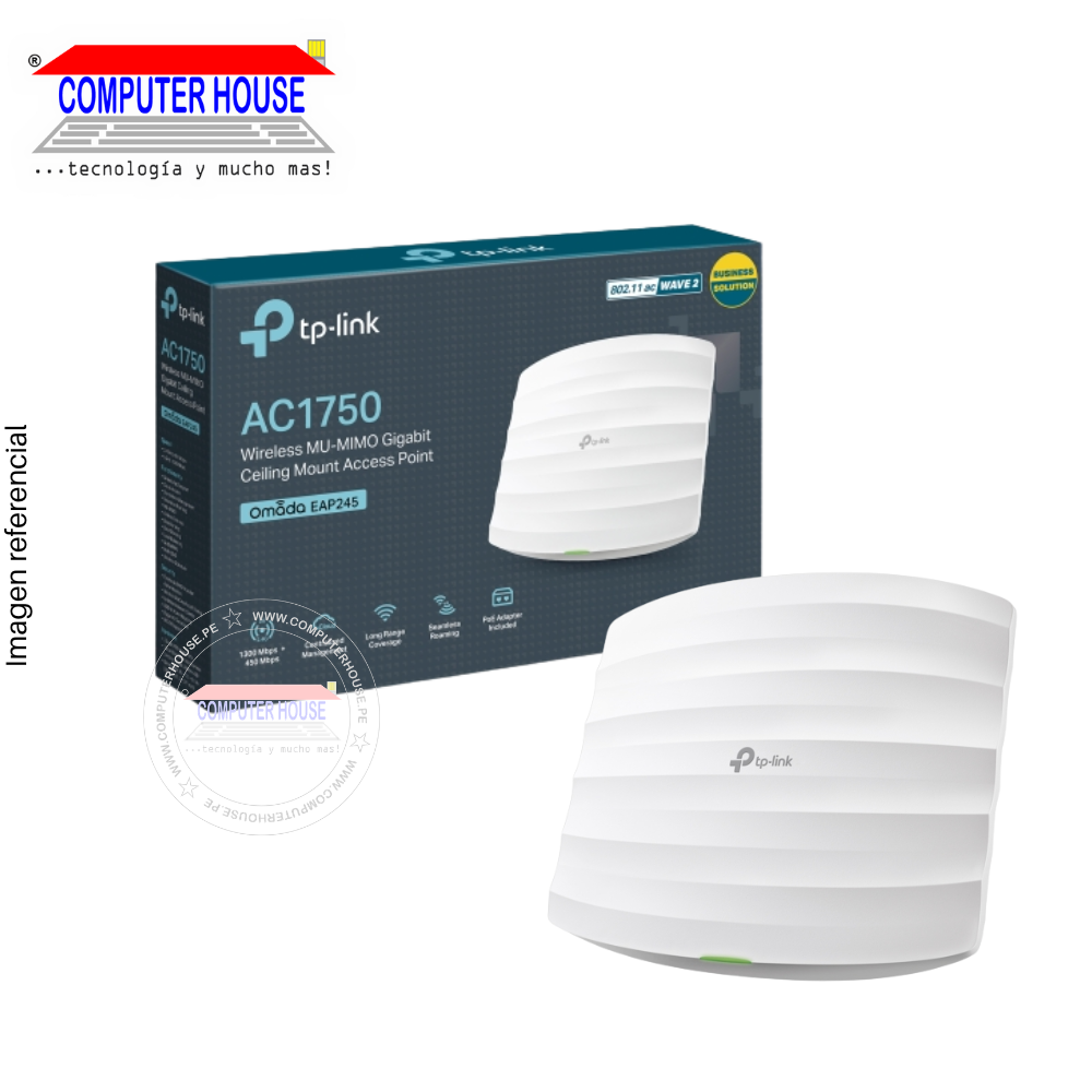 Access Point/Repetidor TP-LINK EAP245, AC1750, MU-MIMO, Doble Banda 2.4GHz (hasta 450Mbps) y 5GHz (hasta 1300Mbps), Beamforming, Band Steering y puertos Gigabit, Montaje de Techo y Pared.