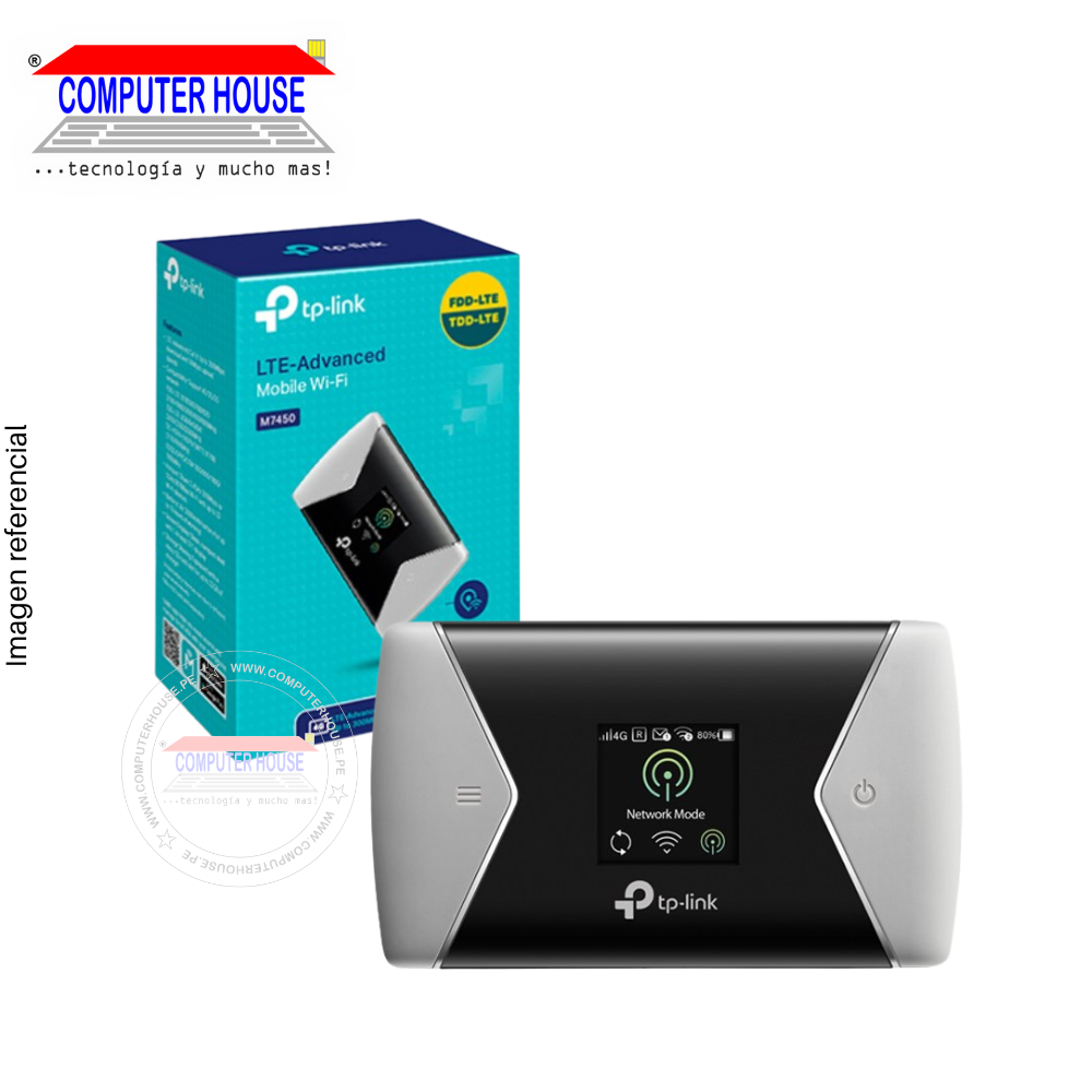 Router inalámbrico TP-LINK M7450, 4G LTE‑Advanced Mobile Cat6, batería 3280 mAh de hasta 15 horas, micro SD hasta 2TB de almacenamiento, Doble banda 2.4GHz (hasta 300Mbps) y 5GHz (hasta 867Mbps).