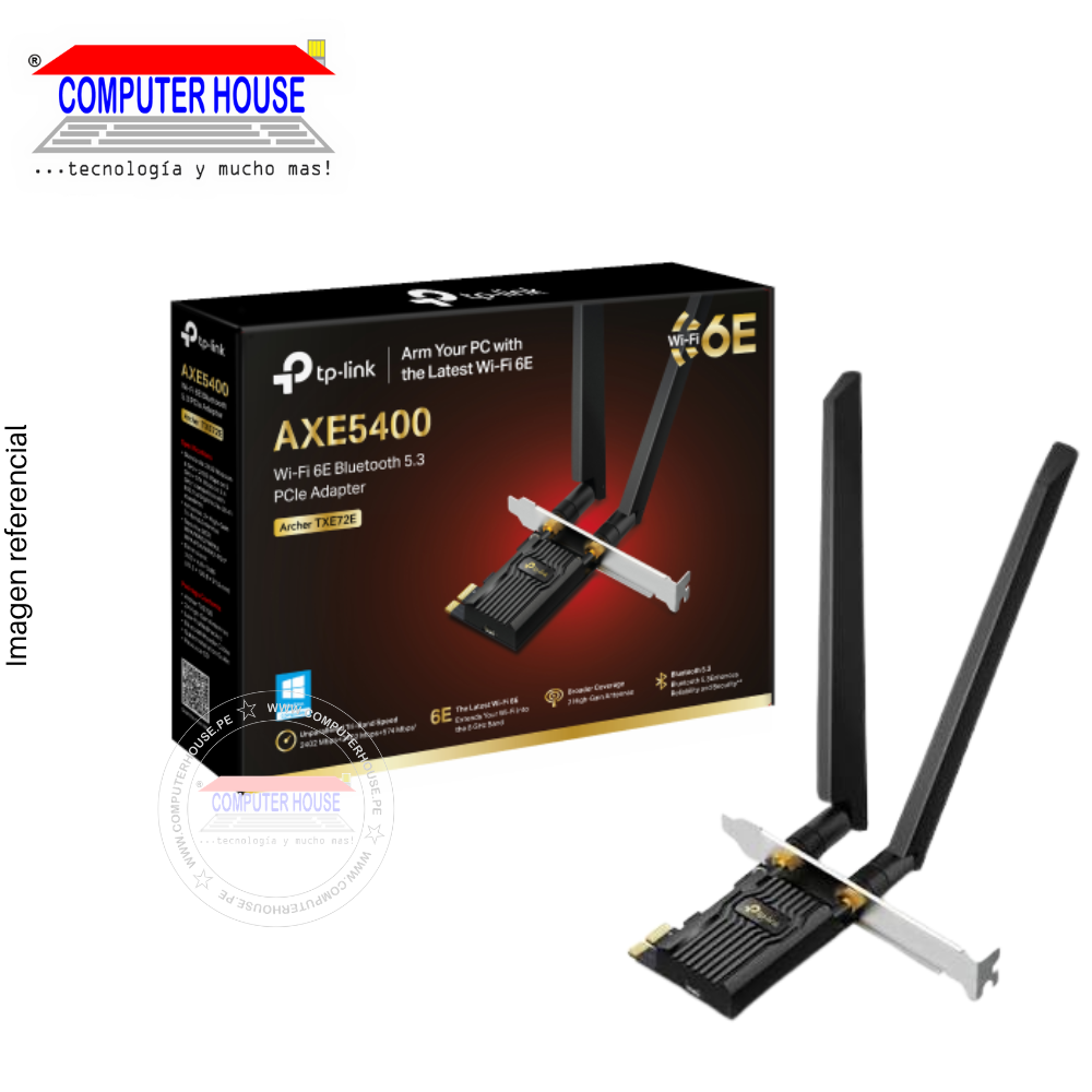 Tarjeta de Red Wi-Fi & Bluetooth TP-LINK Archer TXE72E, PCIe AXE5400, Wi-Fi 6E, Doble Banda 2.4GHz (hasta 574Mbps) y 5GHz (hasta 2402Mbps) + Bluetooth 5.3.