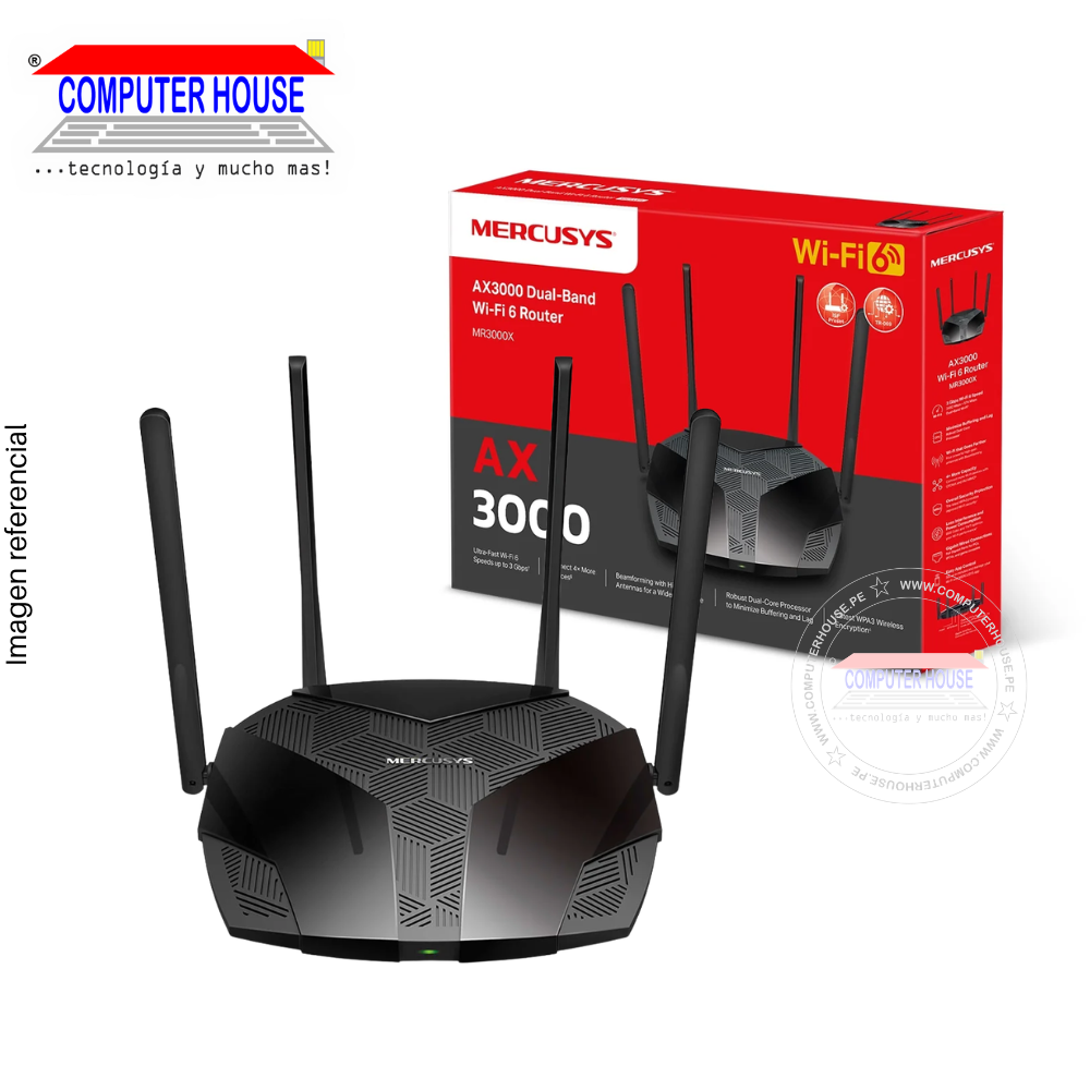 Router MERCUSYS MR80X, AX3000, Wi-Fi 6, Doble Banda 2.4GHz (hasta 574Mbps) y 5GHz (hasta 2402Mbps)