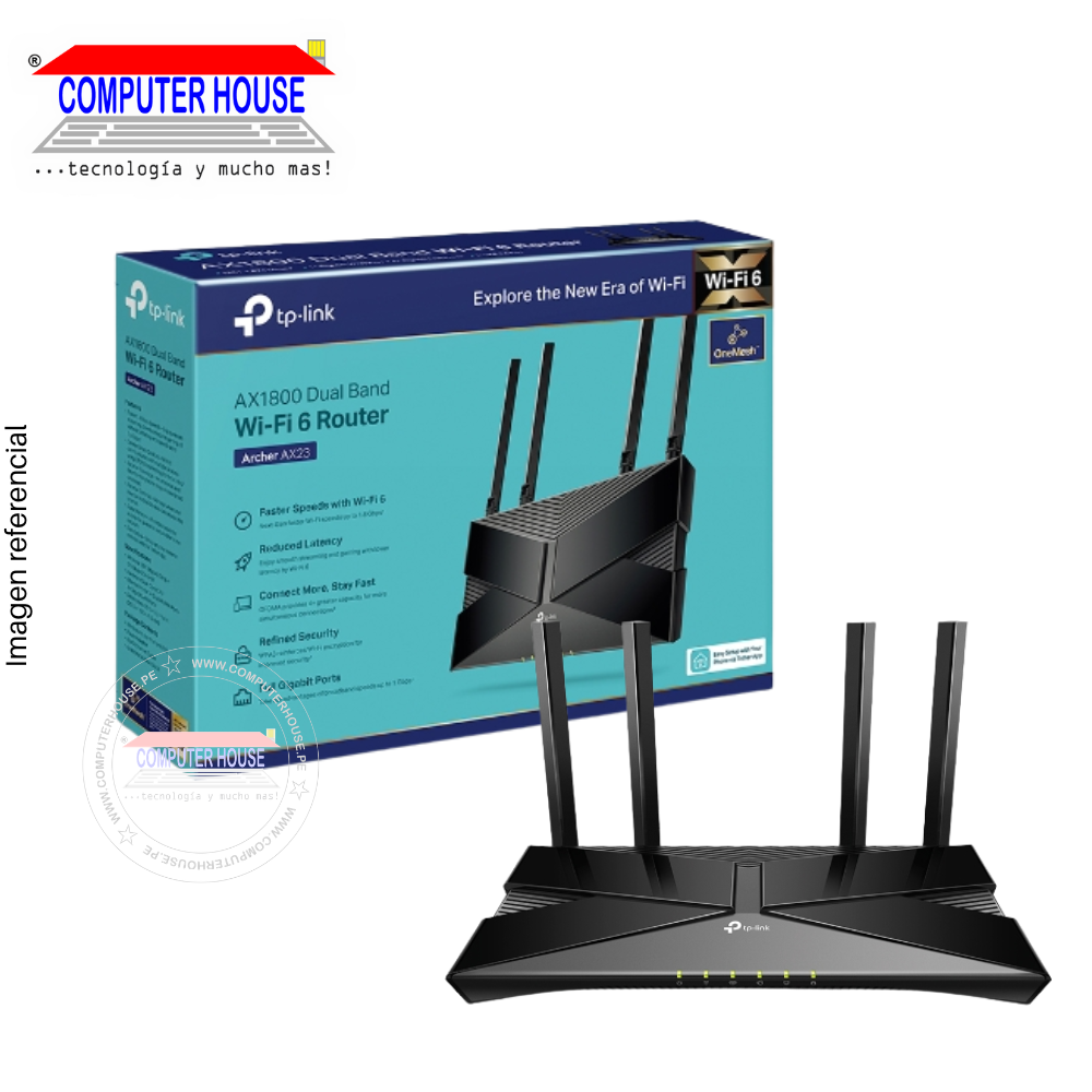 TP-LINK Archer AX23 Router, AX1800, Wi-Fi 6, Dual Band 2.4GHz (up to 574Mbps) and 5GHz (up to 1201Mbps). 