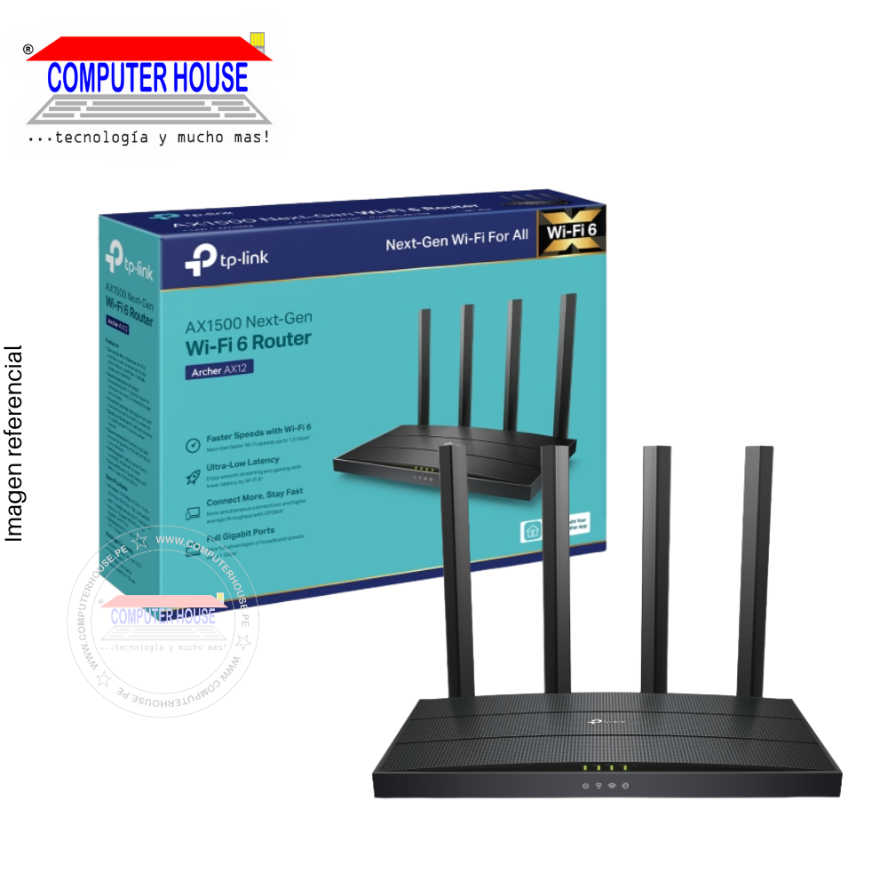 Router TP-LINK Archer AX12, AX1500, Wi-Fi 6, Doble Banda 2.4GHz (hasta 300Mbps) y 5GHz (hasta 1201Mbps), OFDMA y MU-MIMO.