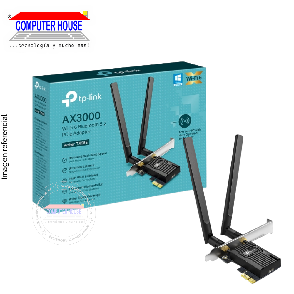 Tarjeta de Red Wi-Fi & Bluetooth TP-LINK Archer TX55E, PCIe AX3000, Wi-Fi 6, Doble Banda 2.4GHz (hasta 574Mbps) y 5GHz (hasta 2402Mbps) + Bluetooth 5.2.
