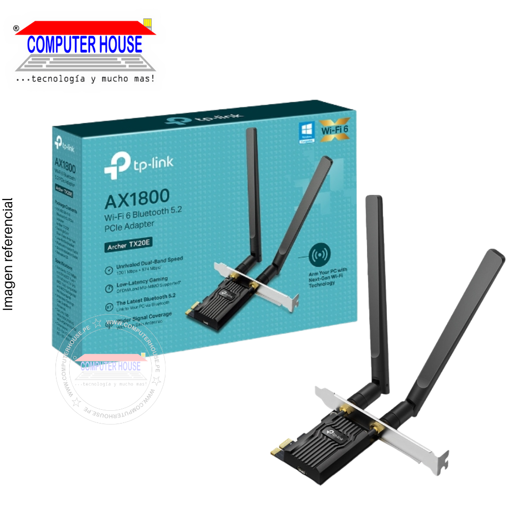 Tarjeta de Red Wi-Fi & Bluetooth TP-LINK Archer TX20E, PCIe AX1800, Wi-Fi 6, Doble Banda 2.4GHz (hasta 574Mbps) y 5GHz (hasta 1201Mbps) + Bluetooth 5.2.