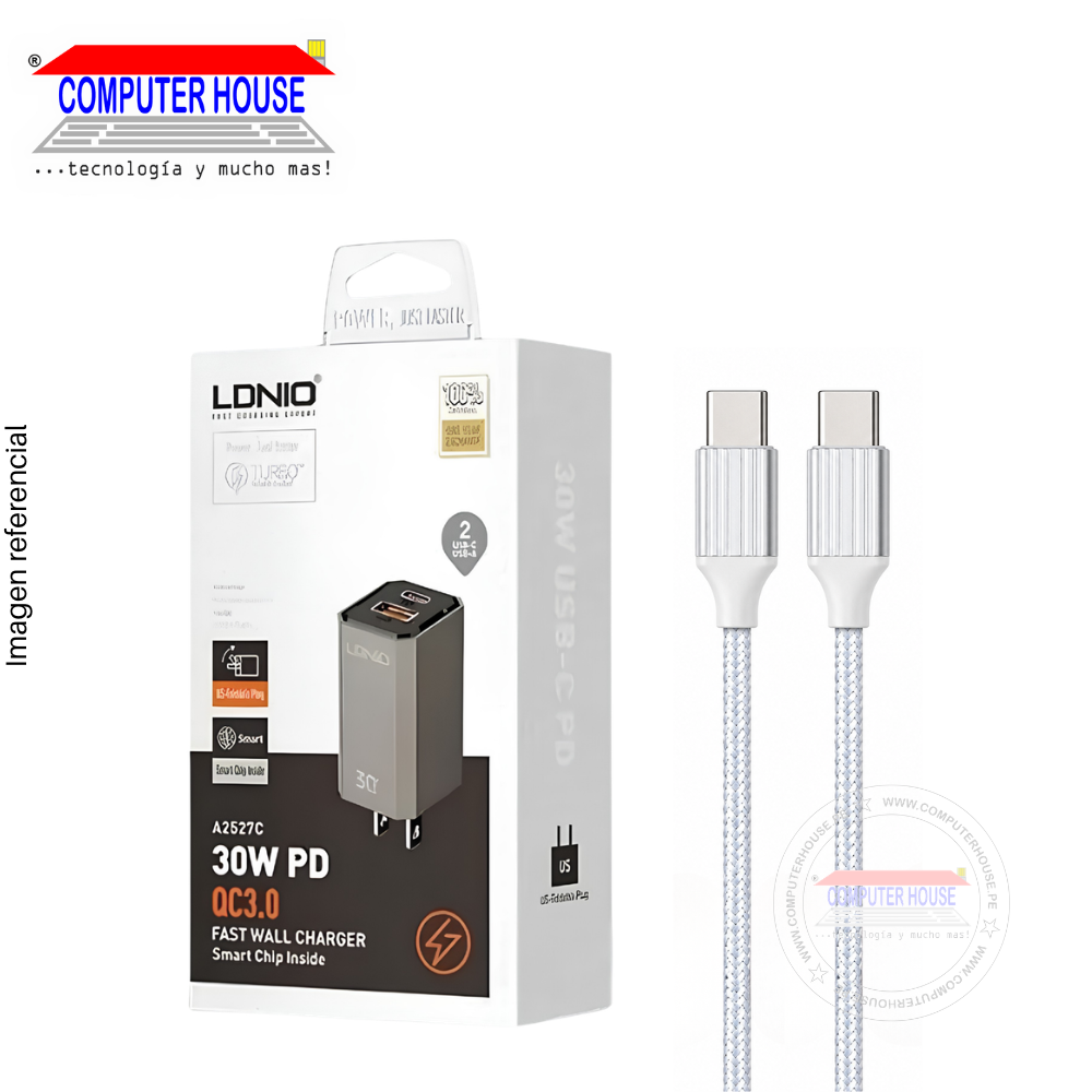 Cargador + Cable LDNIO A2527C USB-C a USB-C, PD + QC 3.0 30W,  Doble Puerto USB-A y USB-C, 1 metro, Gris.