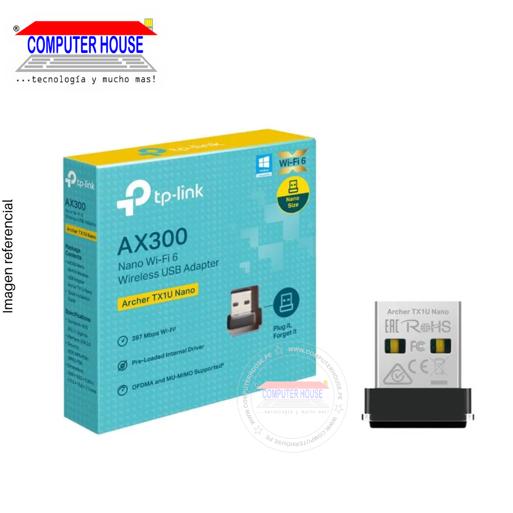Adaptador WiFi TP-LINK Archer TX1U Nano, AX300, Wi-Fi 6, Banda 2.4GHz (hasta 287Mbps), USB-A.