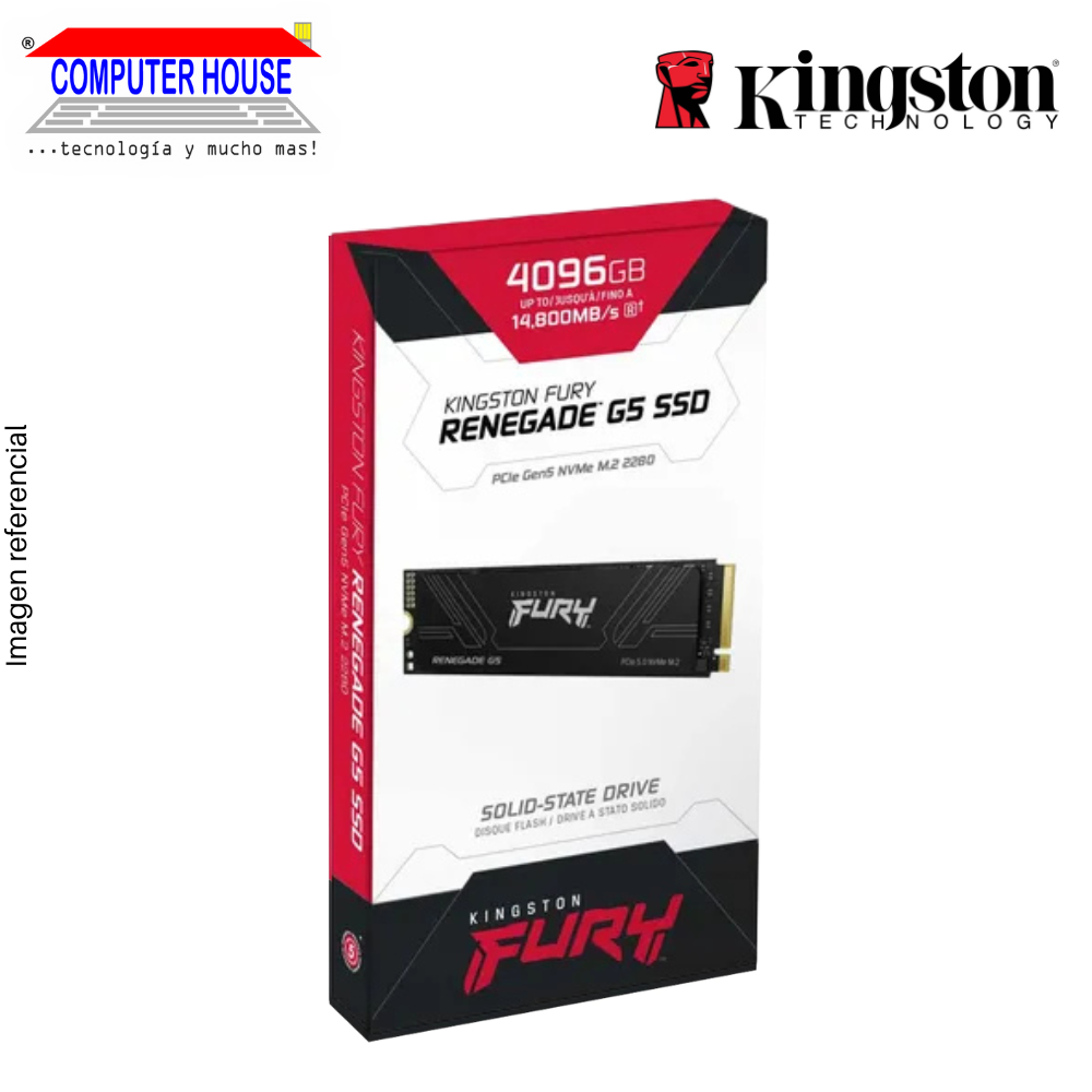 Unidad en estado sólido Kingston 4096GB, FURY Renegade G5, SSD M.2 NVMe PCIe (Lectura máxima 14,800MB/s, Escritura máxima 14,000MB/s).