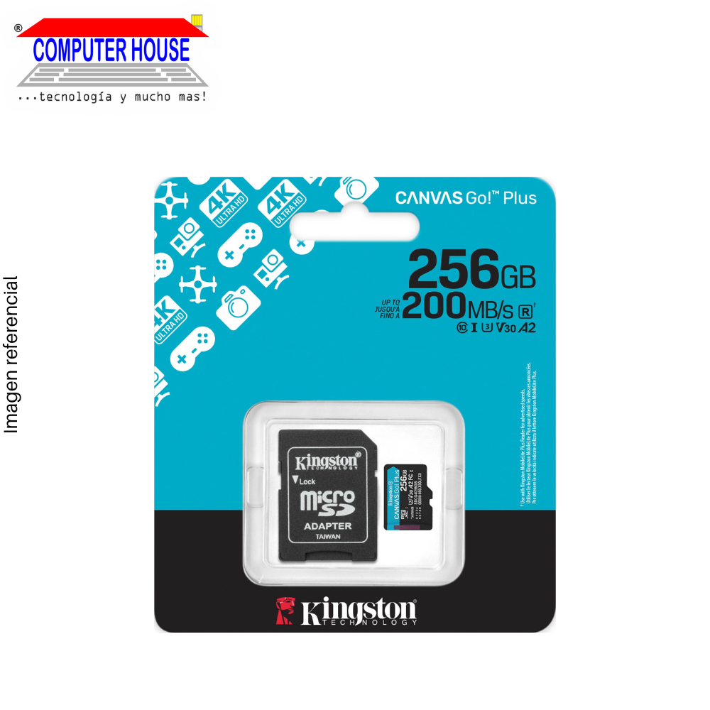 Memoria MicroSD KINGSTON 256GB, Canvas Go Plus, con adaptador SD, 200Mb/s.