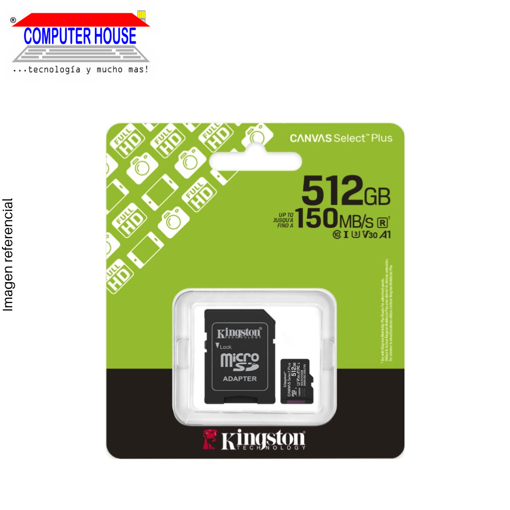 Memoria MicroSD KINGSTON 512GB, Canvas Select Plus, con adaptador SD, 150Mb/s.