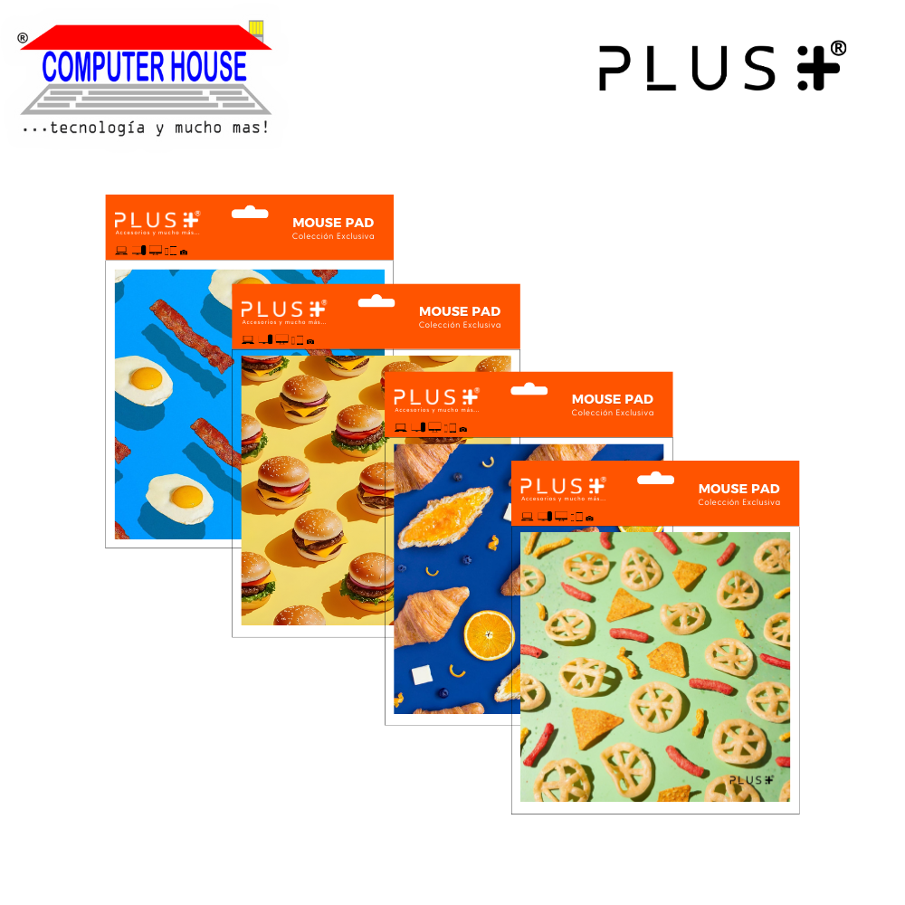 Pad Mouse Premium PLUS, colección Snacks , antideslizante, superficie de tela, 20x20x0.5cm, diseño variado.