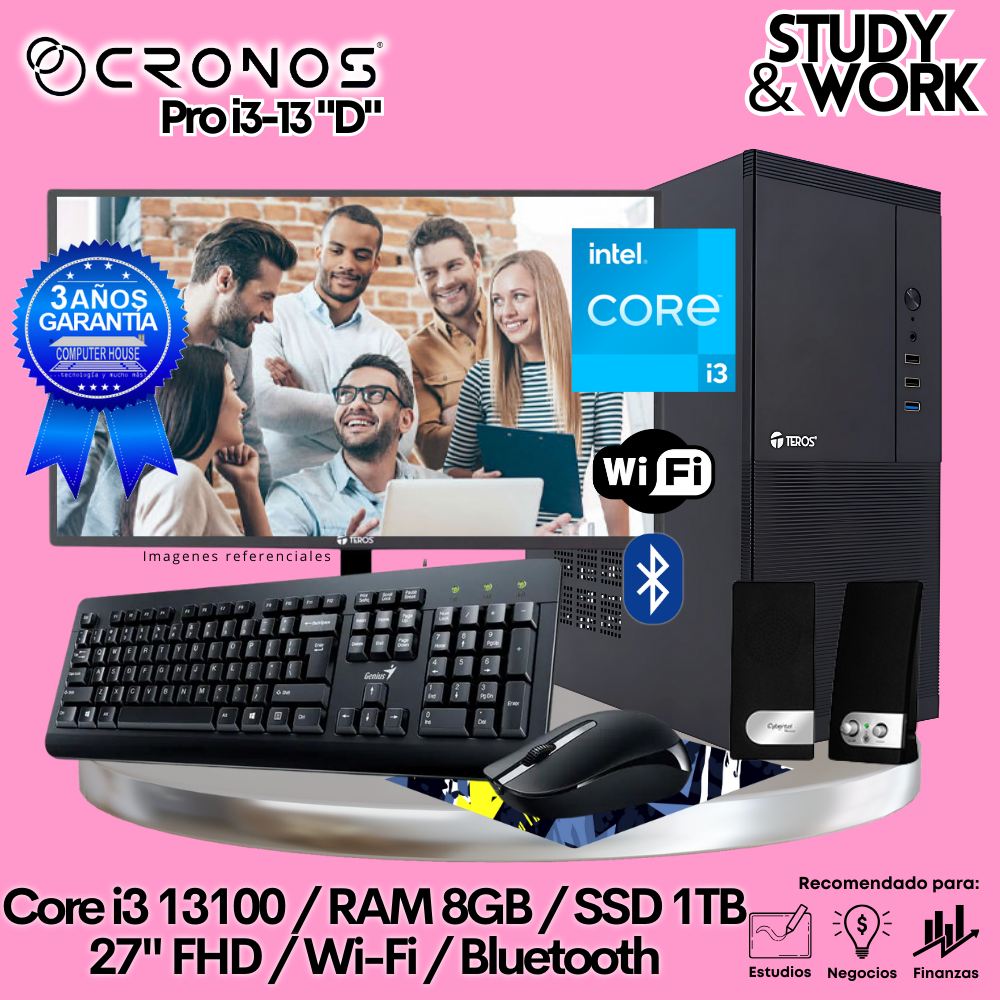 PC CRONOS Pro i3-13 "D", 8GB RAM, 1TB SSD, 27″ FHD Monitor, Wi-Fi &amp; Bluetooth, Keyboard + Mouse Kit, Speakers or Headphones.