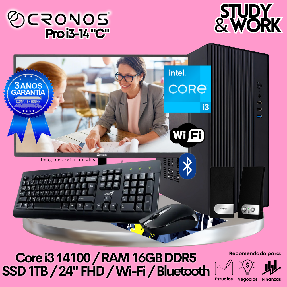 PC CRONOS Pro i3-14 "C", 8GB DDR5 RAM, 1TB SSD, 24″ FHD Monitor, Wi-Fi, Keyboard + Mouse Kit, Speakers or Headphones.