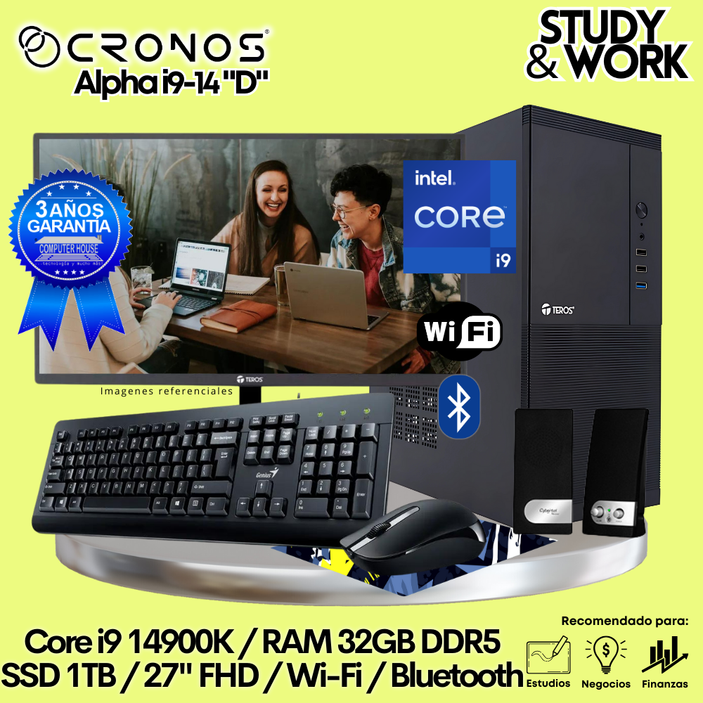 PC CRONOS Alpha i9-14 "D", 16GB DDR5 RAM, 1TB SSD, 27″ FHD Monitor, Wi-Fi &amp; Bluetooth, Keyboard + Mouse Kit, Speakers or Headphones.