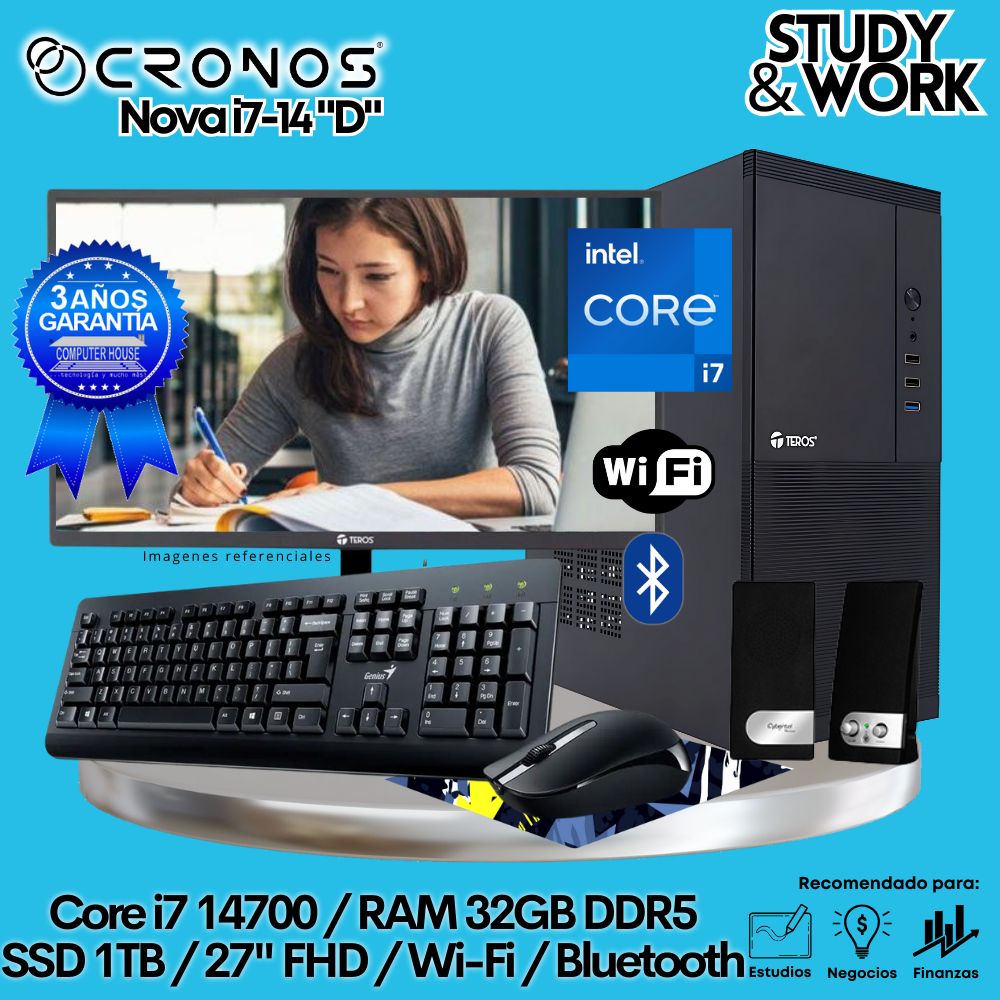 PC CRONOS Nova i7-14 "D", RAM 32GB DDR5, SSD 1TB, Monitor 27″ FHD, Wi-Fi & Bluetooth, Kit Teclado + Mouse, Parlantes o Audífono.