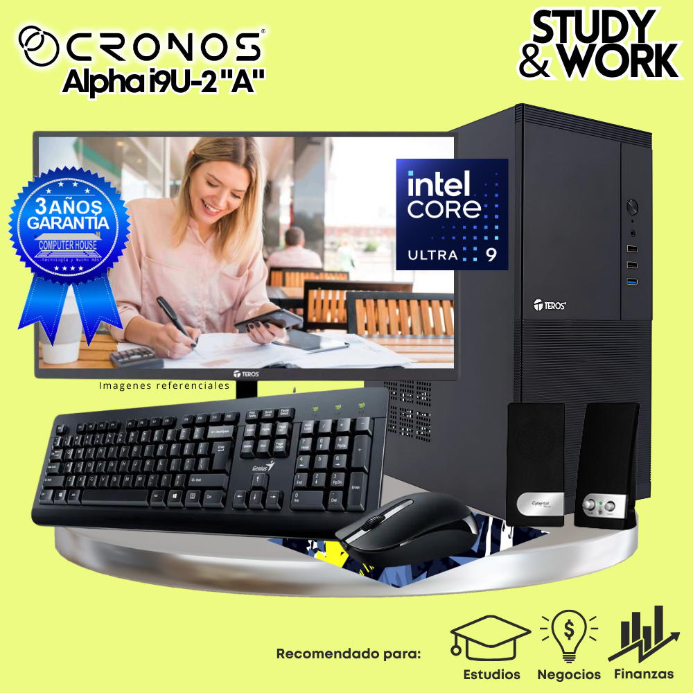 PC CRONOS Alpha U9-2 "A", RAM 8GB DDR5, SSD 500GB, Monitor 24″ FHD, Kit Teclado + Mouse, Parlantes.