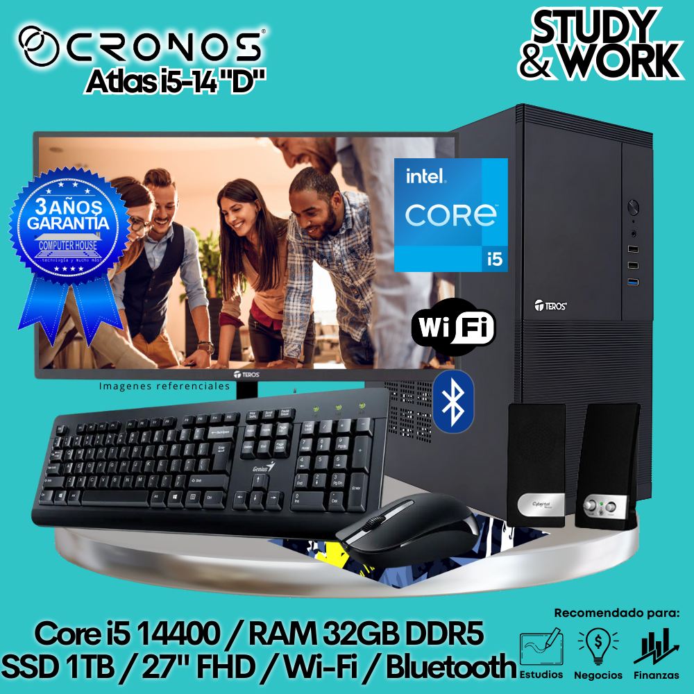 PC CRONOS Atlas i5-14 "D", 16GB DDR5 RAM, 1TB SSD, 27″ FHD Monitor, Wi-Fi &amp; Bluetooth, Keyboard + Mouse Kit, Speakers or Headphones.