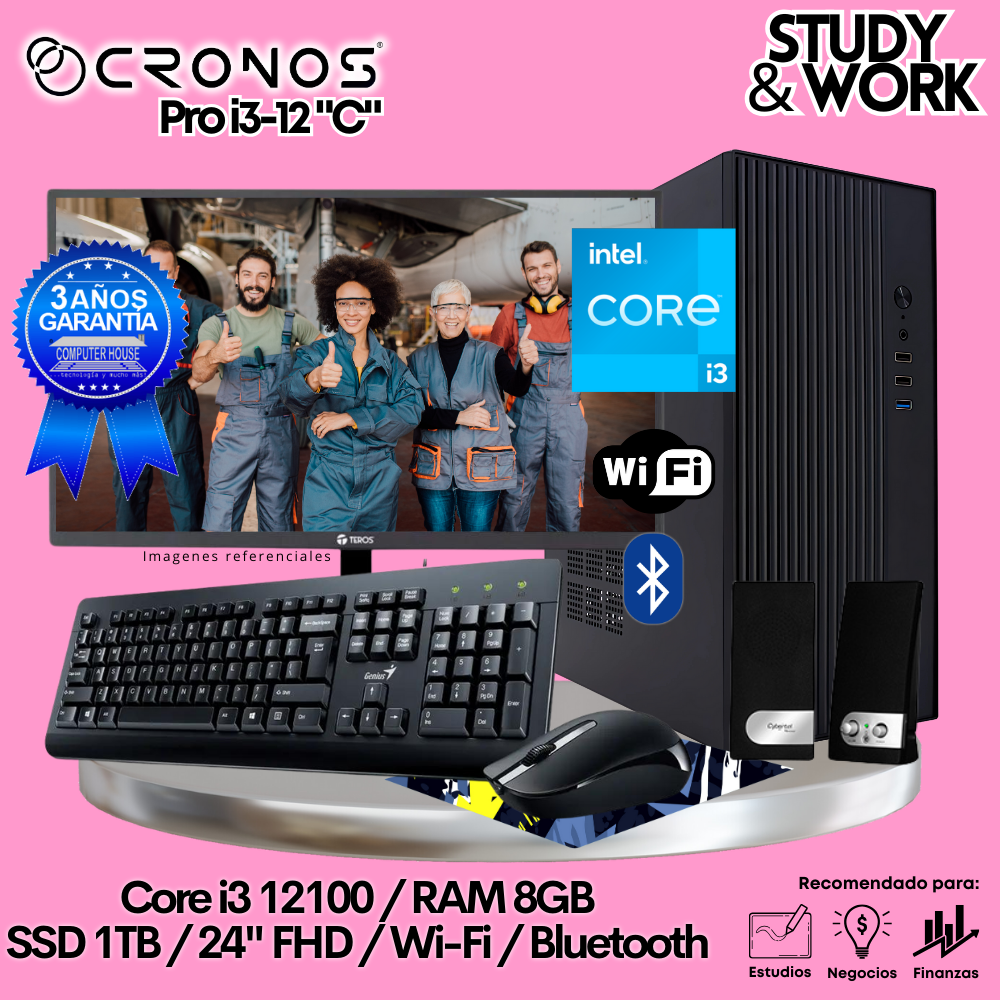 PC CRONOS Pro i3-12 "C", 8GB RAM, 1TB SSD, 24″ FHD Monitor, Wi-Fi, Keyboard + Mouse Kit, Speakers or Headphones.