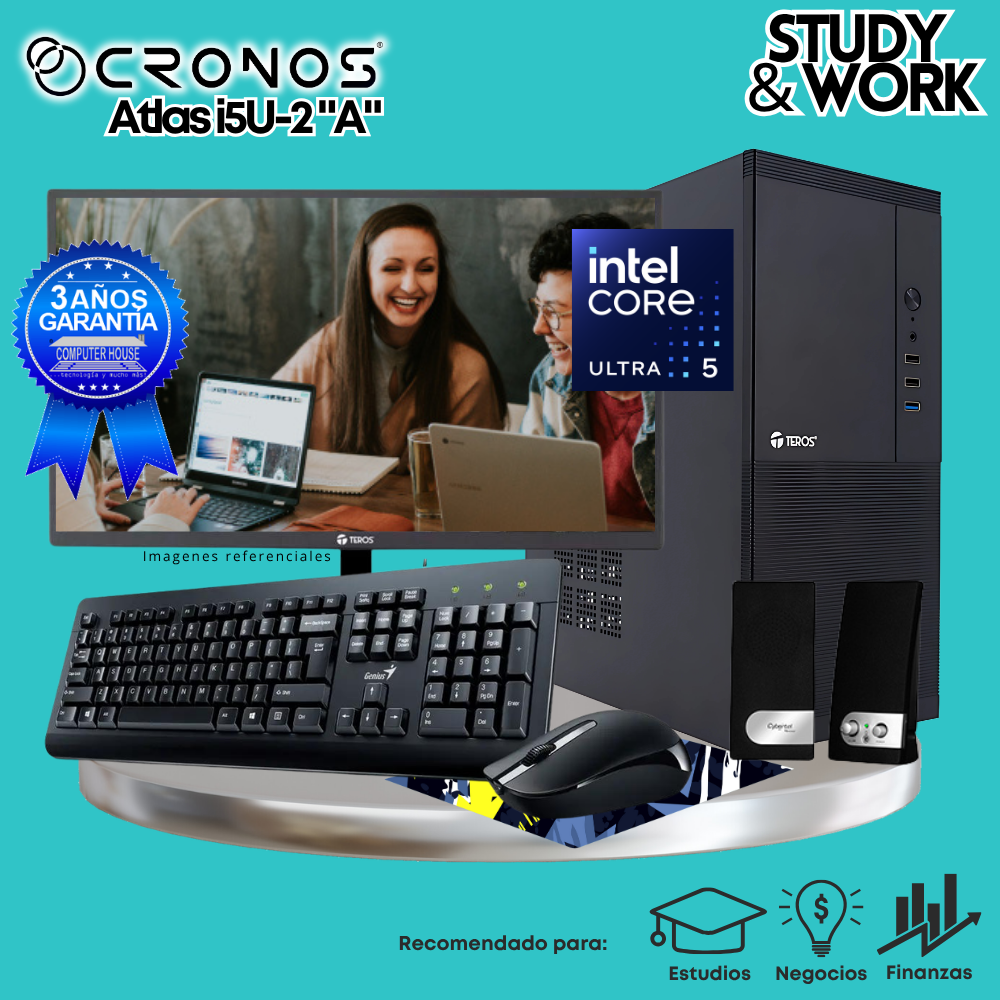 PC CRONOS Atlas U5-2 "A", RAM 8GB DDR5, SSD 500GB, Monitor 24″ FHD, Kit Teclado + Mouse, Parlantes.