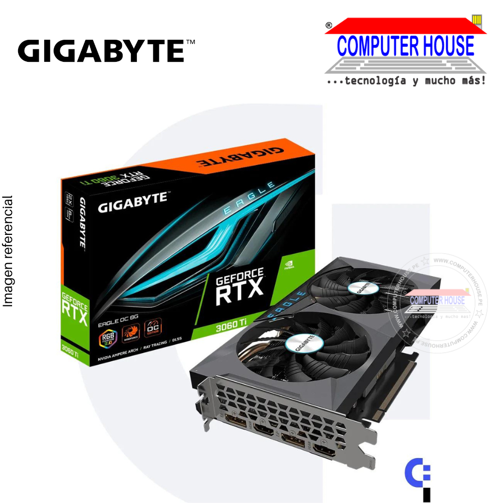 Tarjeta de video Gigabyte RTX3060Ti 8G, GDDR6X, EAGLE OC D6X, PCI-E 4.0, GeForce.