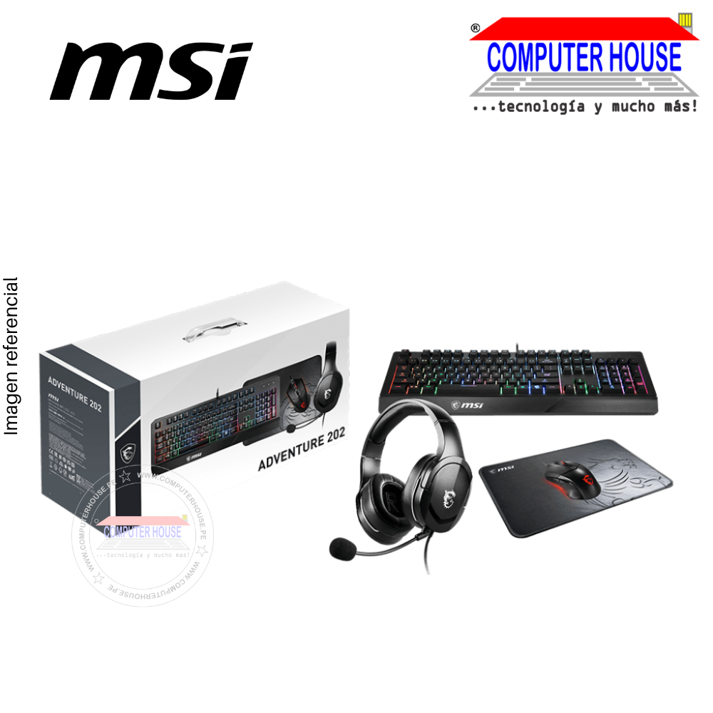 MSI Kit Gamer ADVENTURE 202 US Teclado Mouse Audifono Mousepad conexión USB.