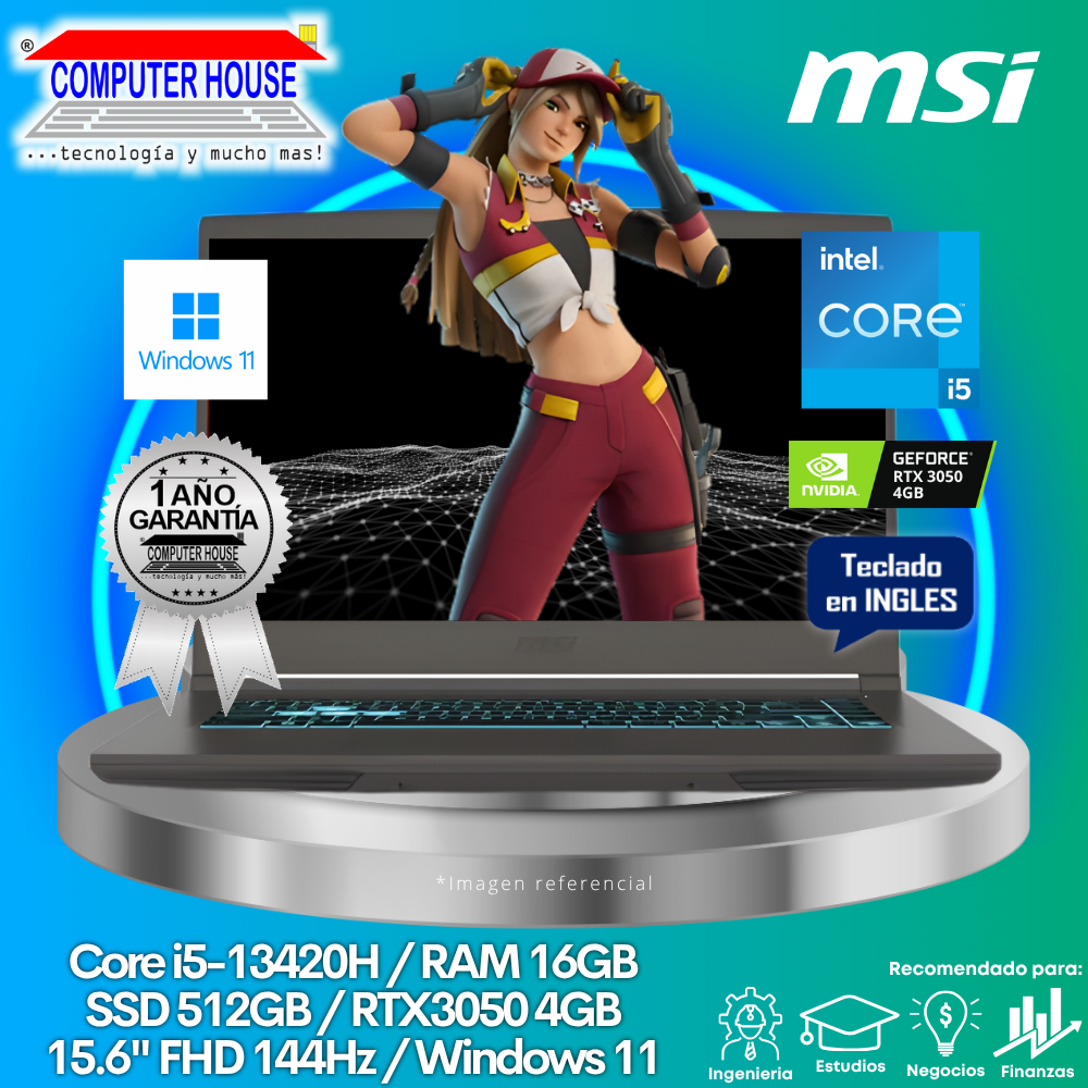 MSI Thin 15 Laptop, Core i5-13420H, 16GB RAM, 512GB SSD, RTX4050 6GB Video, 15.6" FHD 144Hz, English Keyboard, Windows 11. 