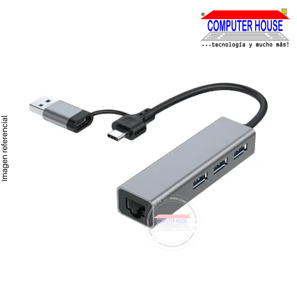 Adaptador de red Ethernet a USB + TipoC Genérico CLAN-100, 10/100/1000Mbps Gigabit + 3PTOS USB.