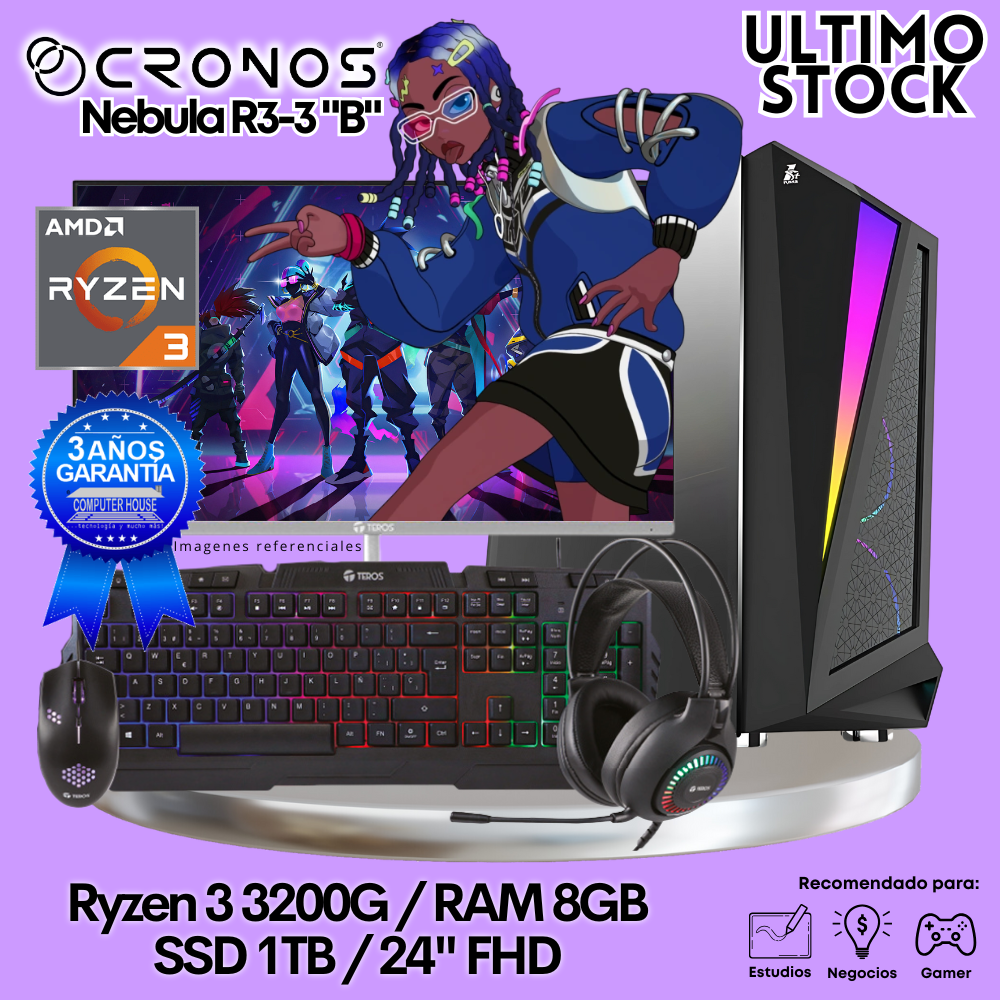 Latest Stock: PC Look Gamer CRONOS Nebula R3-3 "B", 8GB RAM, 1TB SSD, 24″ FHD Monitor, Wi-Fi.