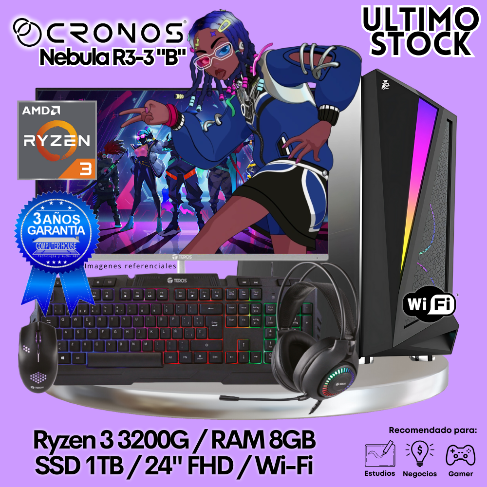 Latest Stock: PC Look Gamer CRONOS Nebula R3-3 "B", 8GB RAM, 1TB SSD, 24″ FHD Monitor, Wi-Fi.
