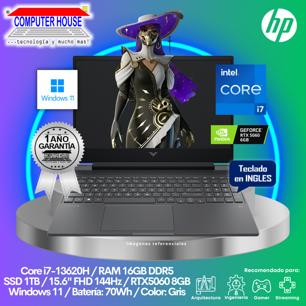 Laptop HP Victus, Core i7-13620H, RAM 16GB DDR5, SSD 1TB, Video RTX5060 8GB, 15.6" FHD 144Hz, Teclado en Inglés, Windows 11.