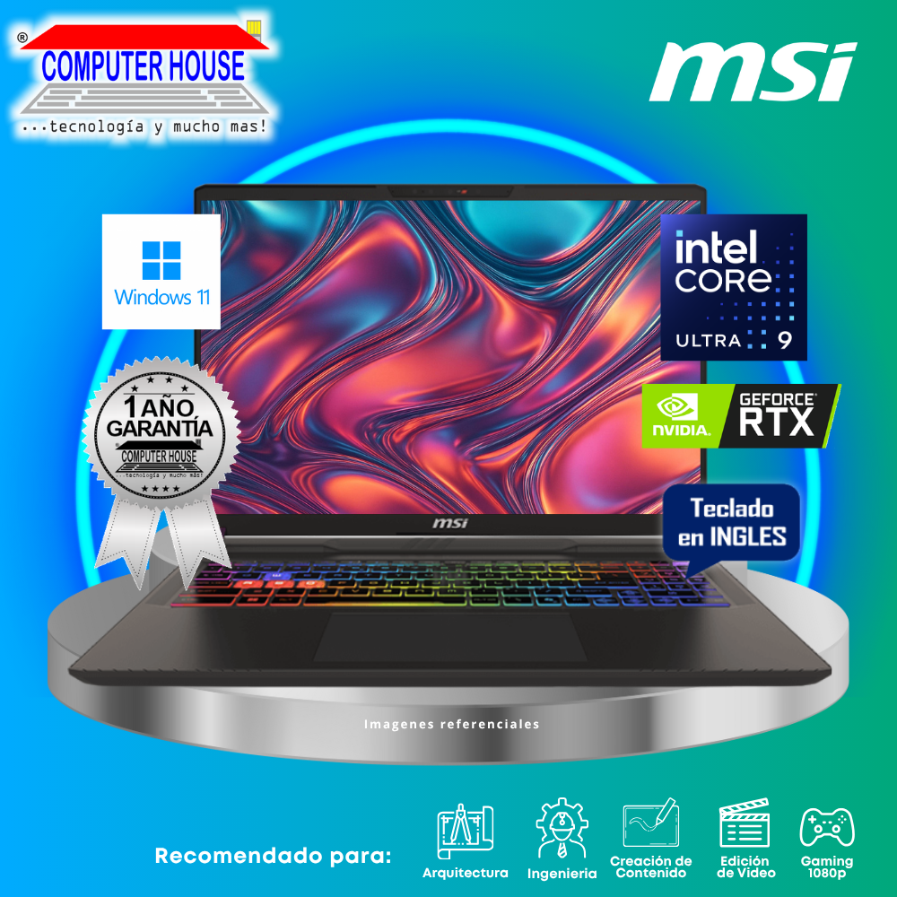 Laptop MSI Vector 16, Core Ultra 9-275HX, RAM 16GB DDR5, SSD 1TB, Nvidia GeForce RTX5080 16GB, 16" QHD 240Hz, Teclado en Inglés, Windows 11.