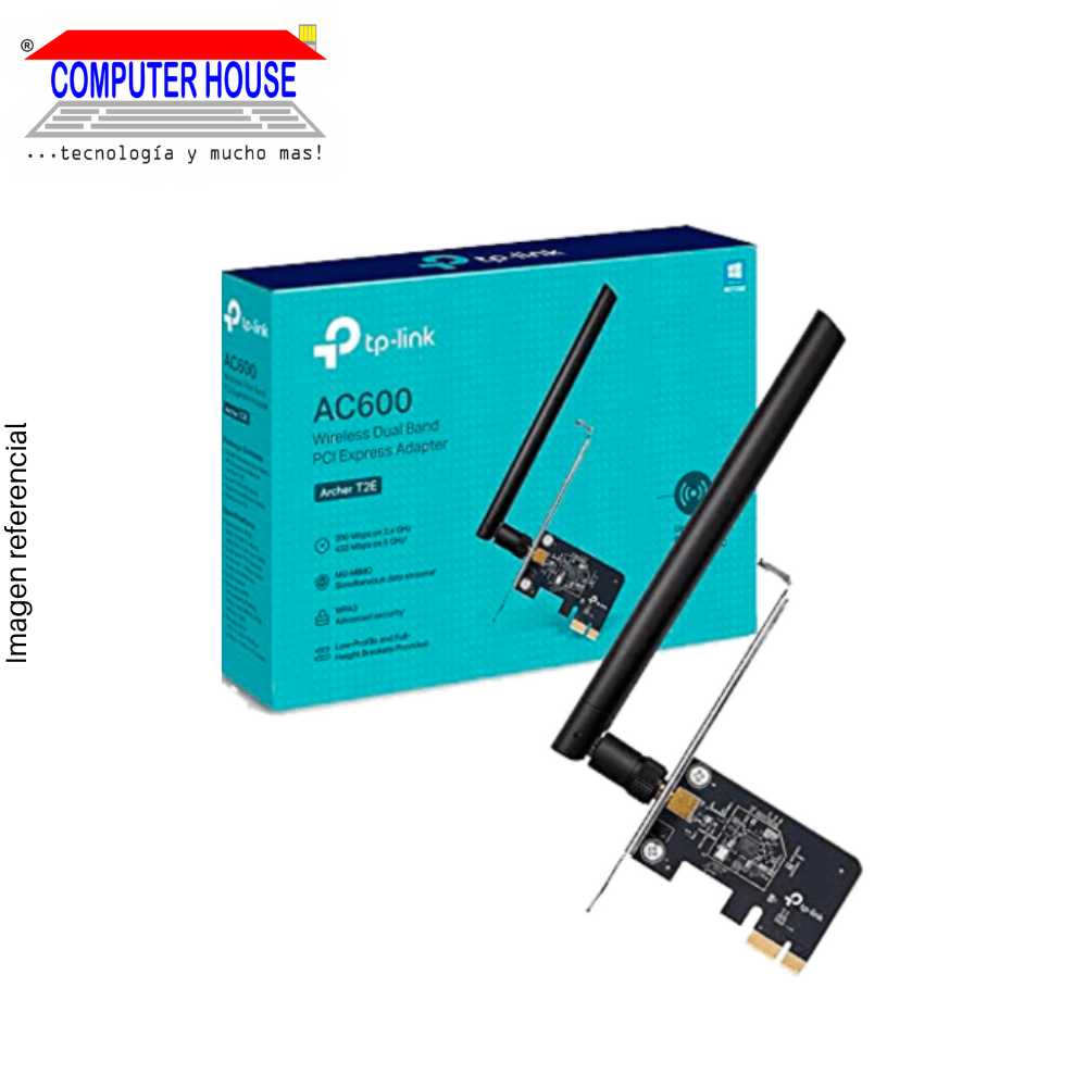 TP-LINK Archer T2E Wi-Fi card, AC600, Dual Band 2.4GHz (up to 200Mbps) and 5GHz (up to 433Mbps).