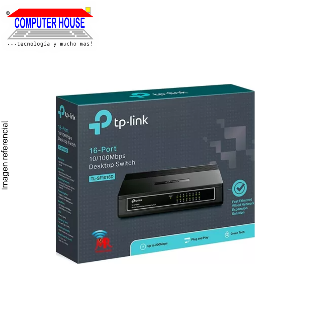 TP-LINK TL-SF1016D switch, 16 ports at 10/100 Mbps.