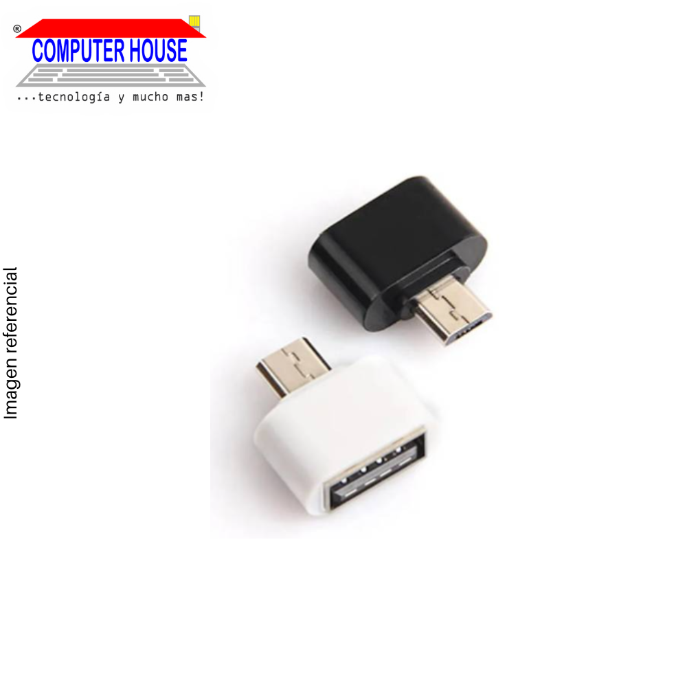 Adaptador OTG genérico, 1xMicroUSB Macho a 1xUSB-A Hembra.