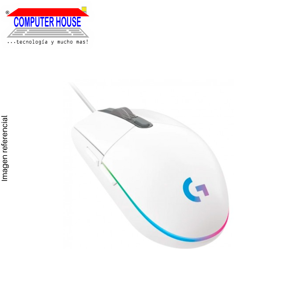 LOGITECH G203 Wired Gamer Mouse, RGB Lightsync, 8000 DPI, White, USB-A Connection.