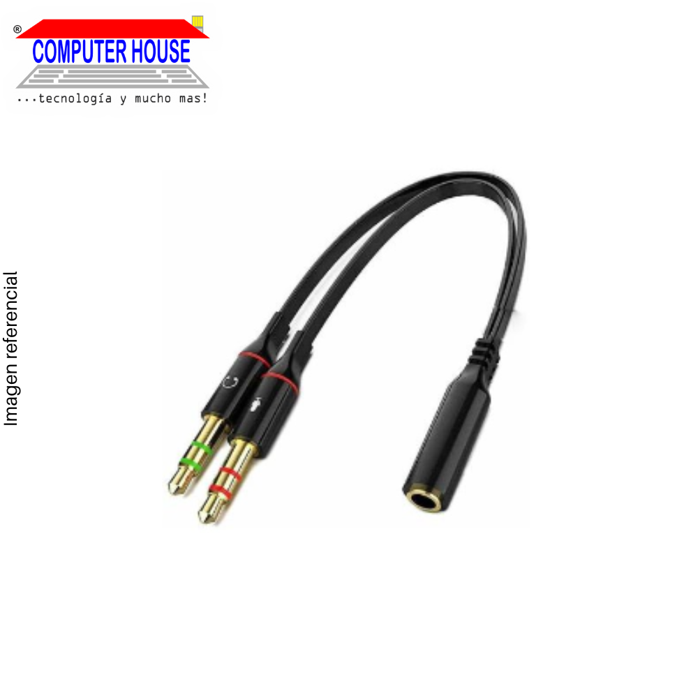 Adaptador de Audio genérico 2xJack Macho (Audífono y Micrófono) a 1 Jack Hembra.