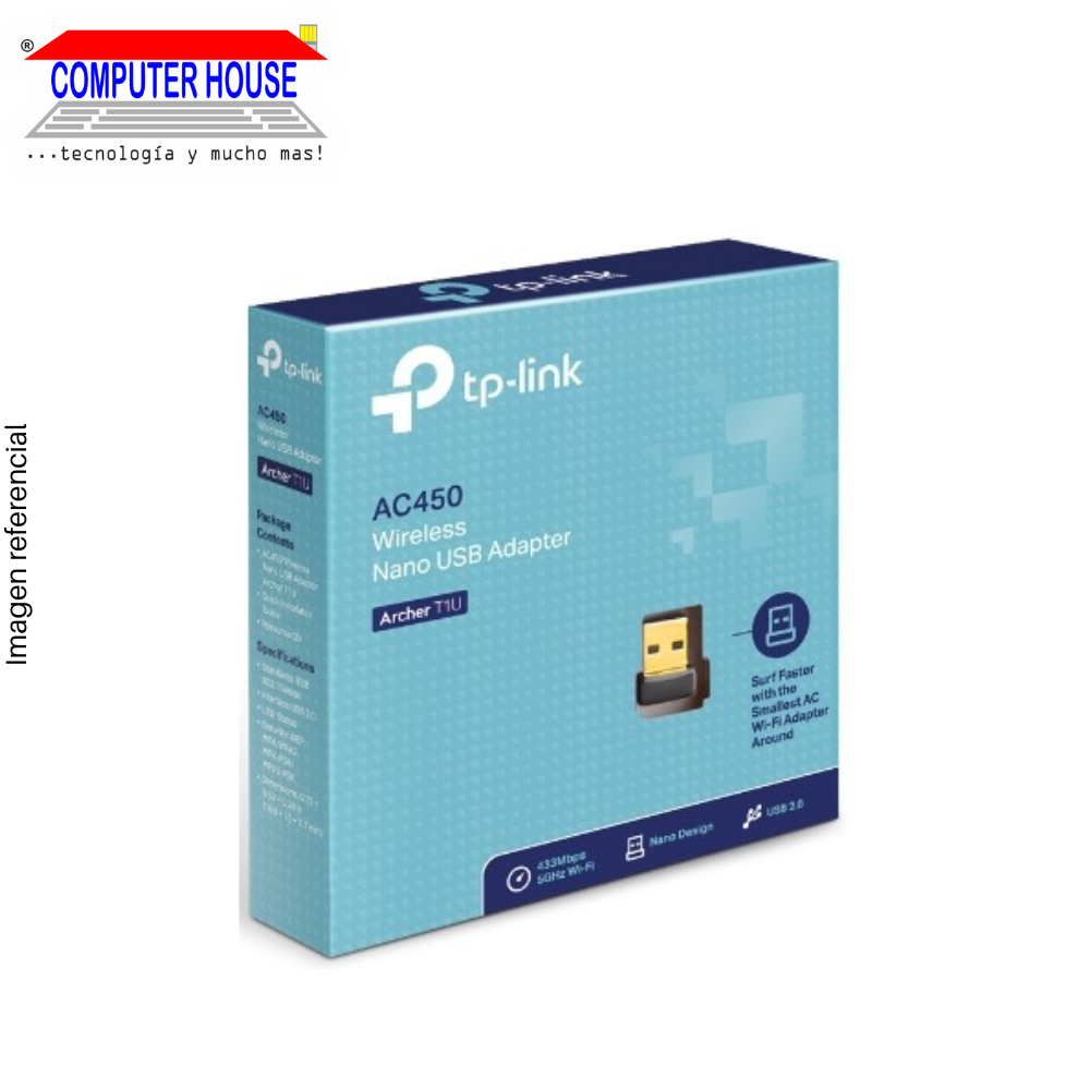 Adaptador WiFi TP-LINK Archer T1U Nano, AC450, Banda 5GHz (hasta 433Mbps), USB-A.