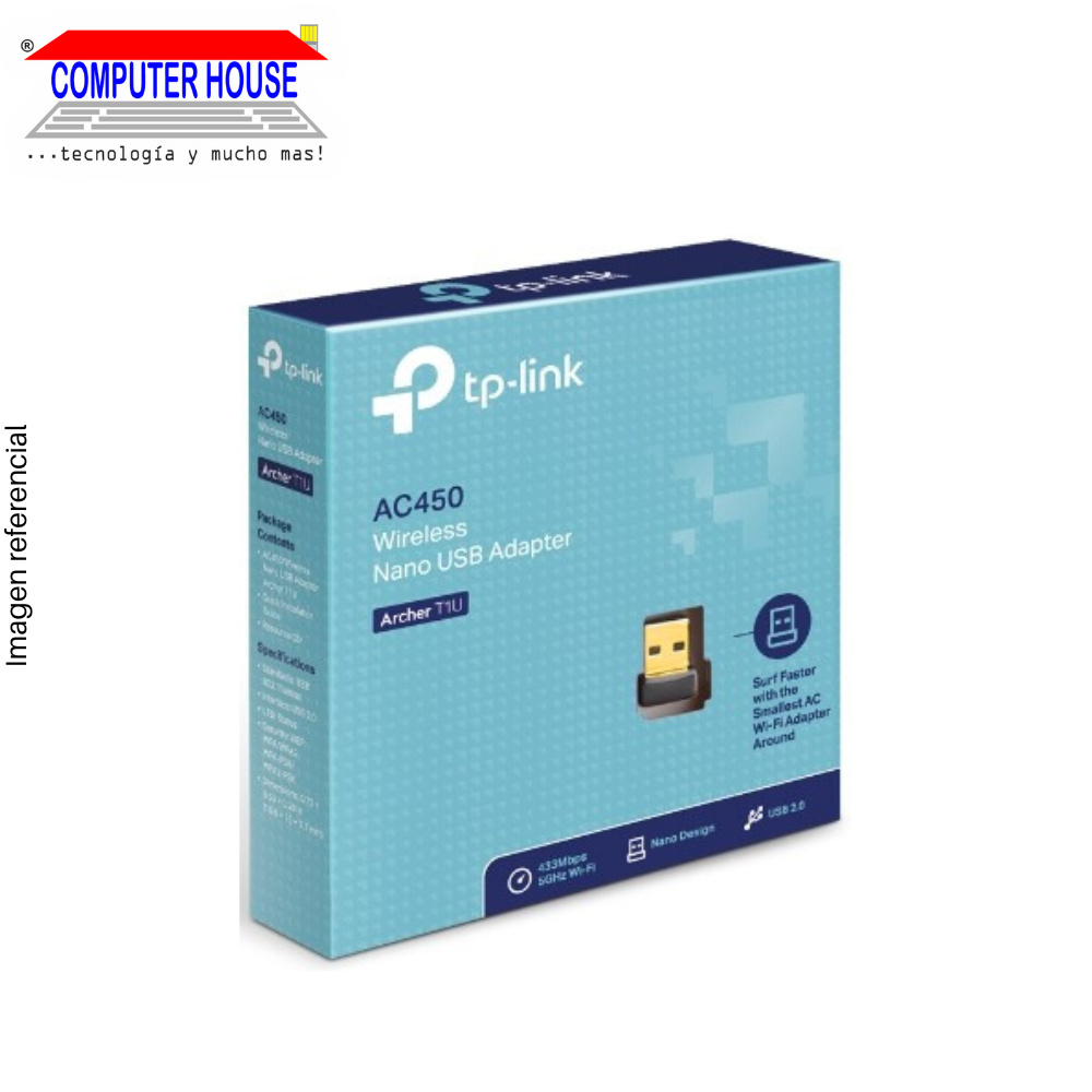 Adaptador WiFi TP-LINK Archer T1U Nano, AC450, 5GHz (hasta 433Mbps), USB-A.