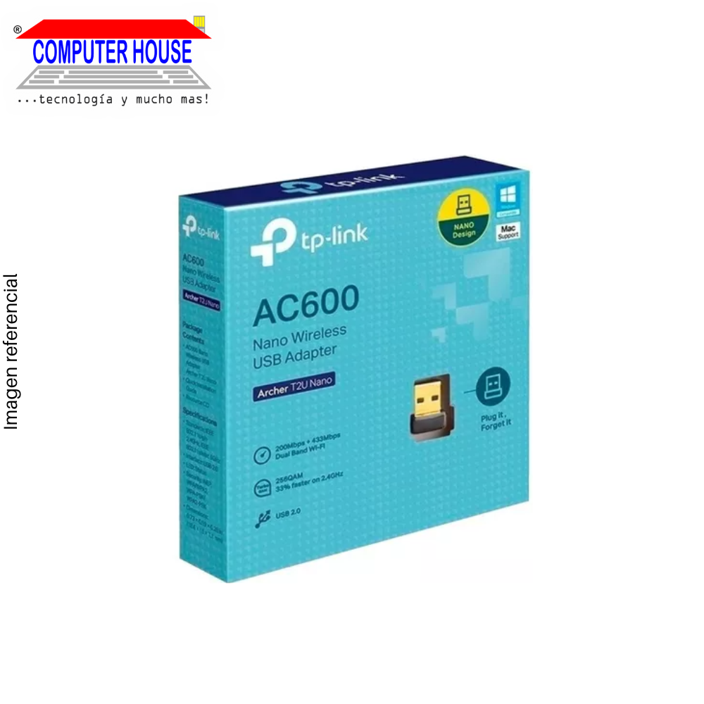 Adaptador WiFi TP-LINK Archer T2U Nano, AC600, Doble Banda 2.4GHz (hasta 200Mbps) y 5GHz (hasta 433Mbps), USB-A.