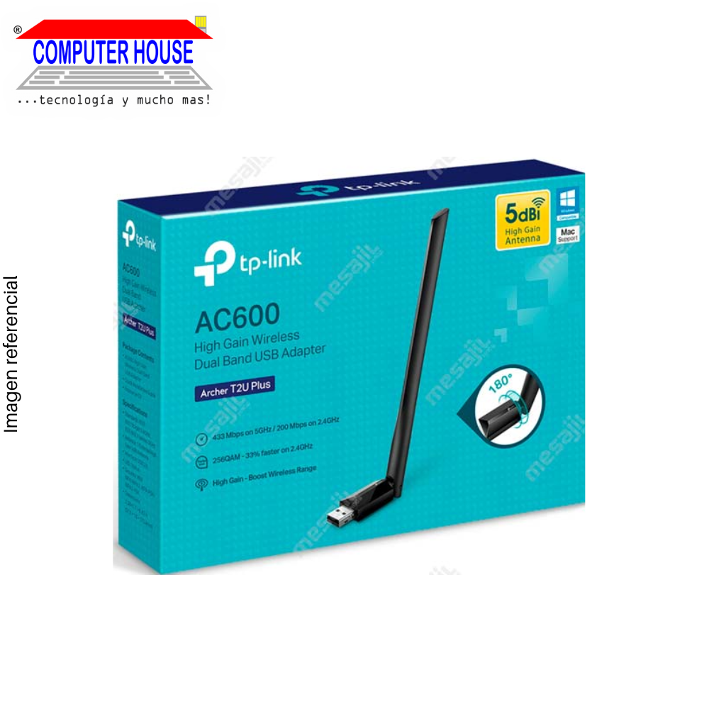 Adaptador WiFi TP-LINK Archer T2U Plus, Doble Banda 2.4GHz (hasta 200Mbps) y 5GHz (hasta 433Mbps), USB-A.