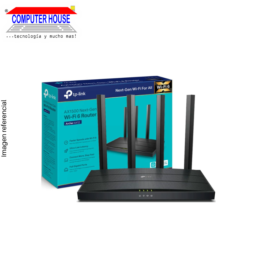 TP-LINK Archer AX12, AX1500 Router, Wi-Fi 6, Dual Band 2.4GHz (up to 300Mbps) and 5GHz (up to 1201Mbps).
