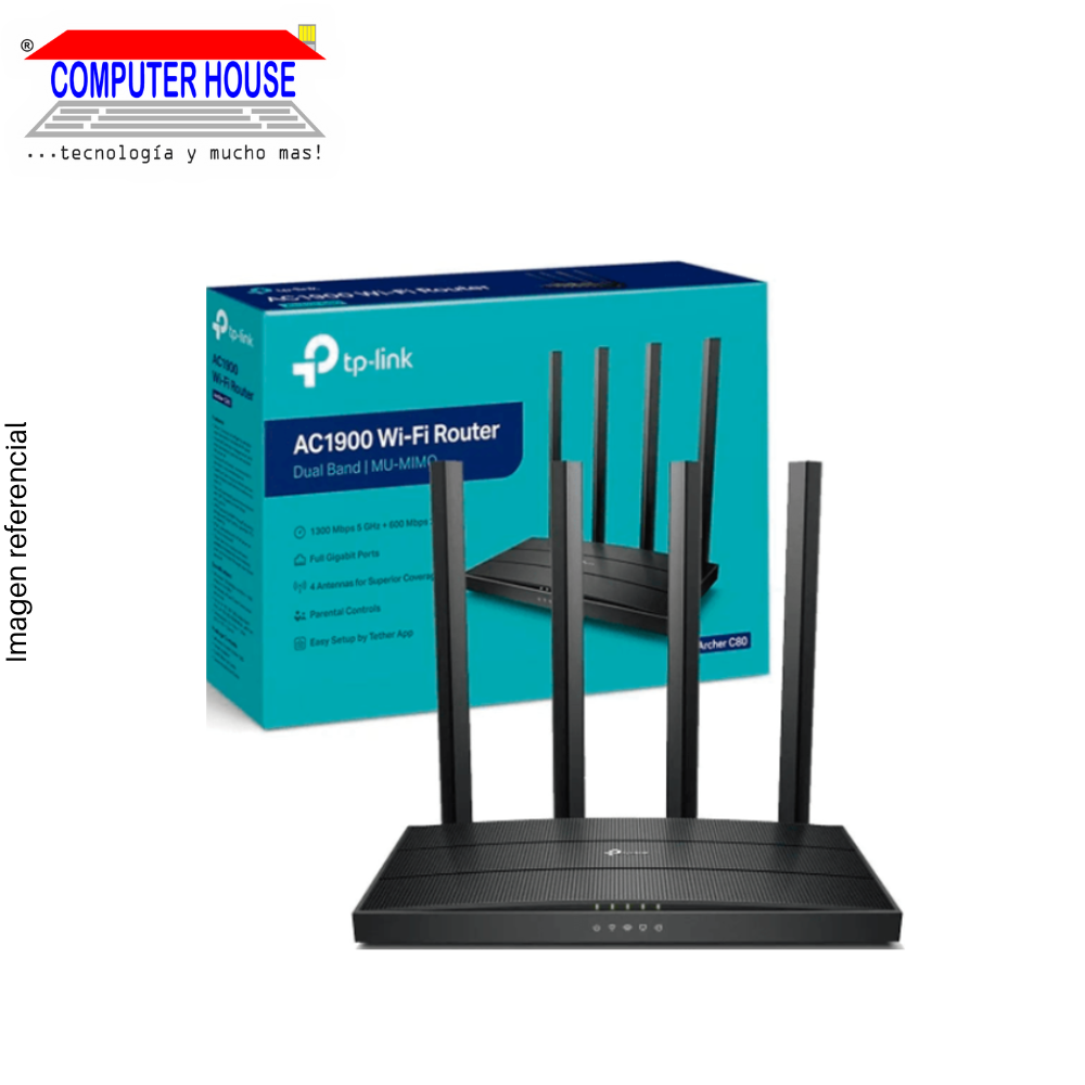 TP-LINK Archer C80 Router, AC1900, MU-MIMO, Wi-Fi 5, Dual Band 2.4GHz (up to 600Mbps) and 5GHz (up to 1300Mbps).