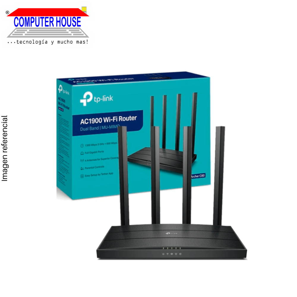 Router TP-LINK Archer C80, AC1900, MU-MIMO, Wi-Fi 5, Doble Banda 2.4GHz (hasta 600Mbps) y 5GHz (hasta 1300Mbps).